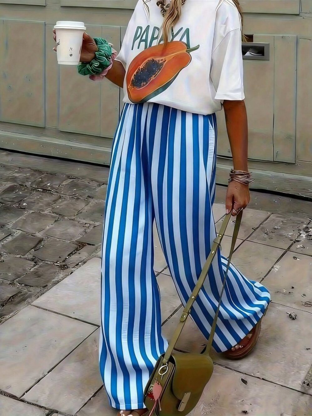 White Casual Women's Striped Woven Wide Leg Beach Pants - Picture 4 of 5